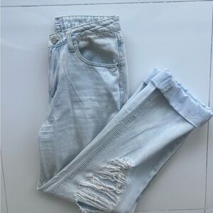 Mid Rise Distressed Straight Leg Jean
